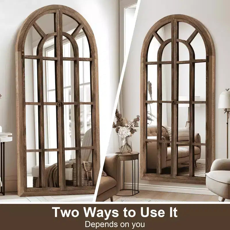 Full-Length Mirror Solid Wood Grid Right Angle Arch 71x31x1in Openable No Stand