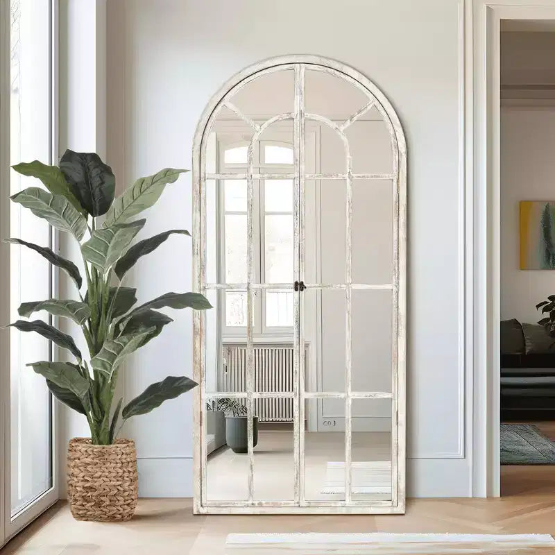 Full-Length Mirror Solid Wood Grid Right Angle Arch 71x31x1in Openable No Stand
