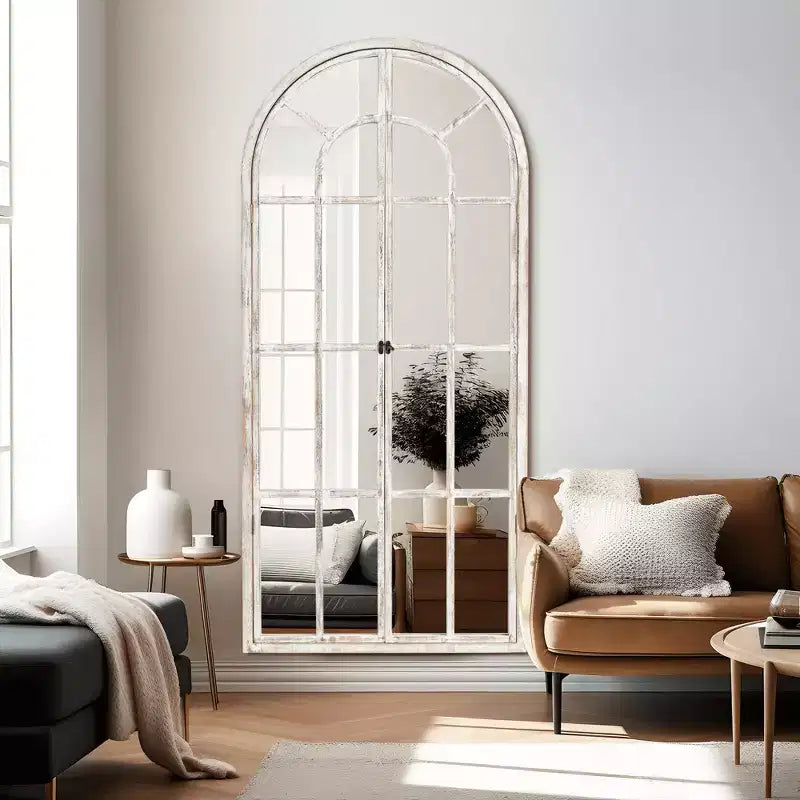 Full-Length Mirror Solid Wood Grid Right Angle Arch 71x31x1in Openable No Stand