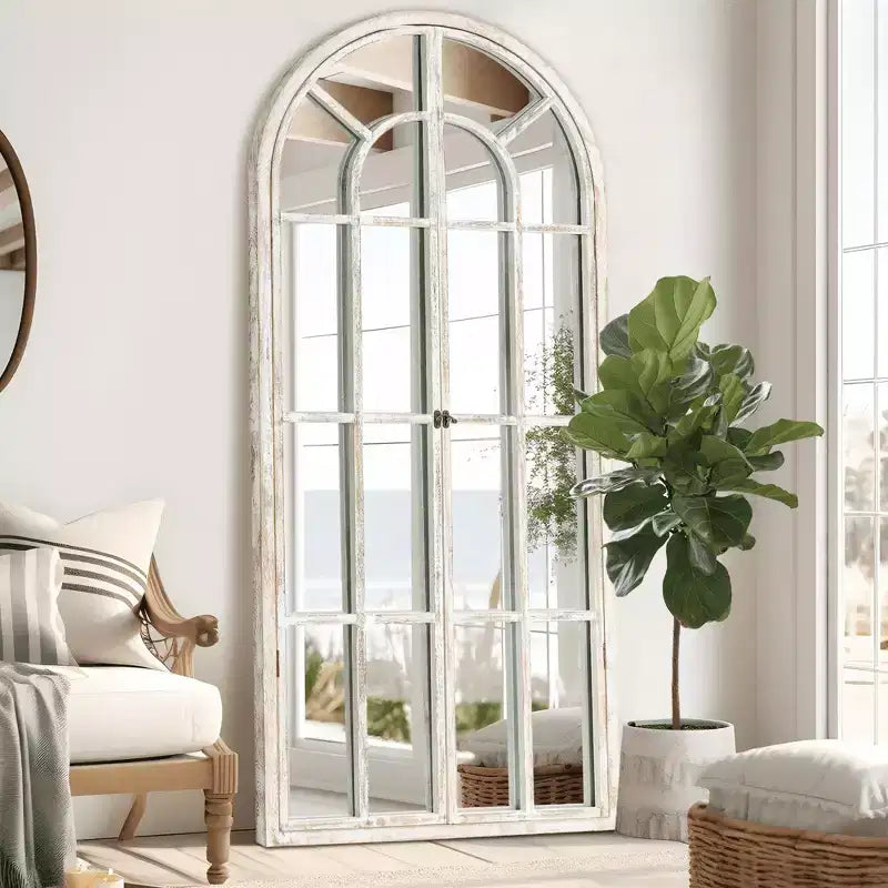 Full-Length Mirror Solid Wood Grid Right Angle Arch 71x31x1in Openable No Stand