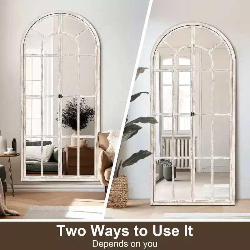 Full-Length Mirror Solid Wood Grid Right Angle Arch 71x31x1in Openable No Stand
