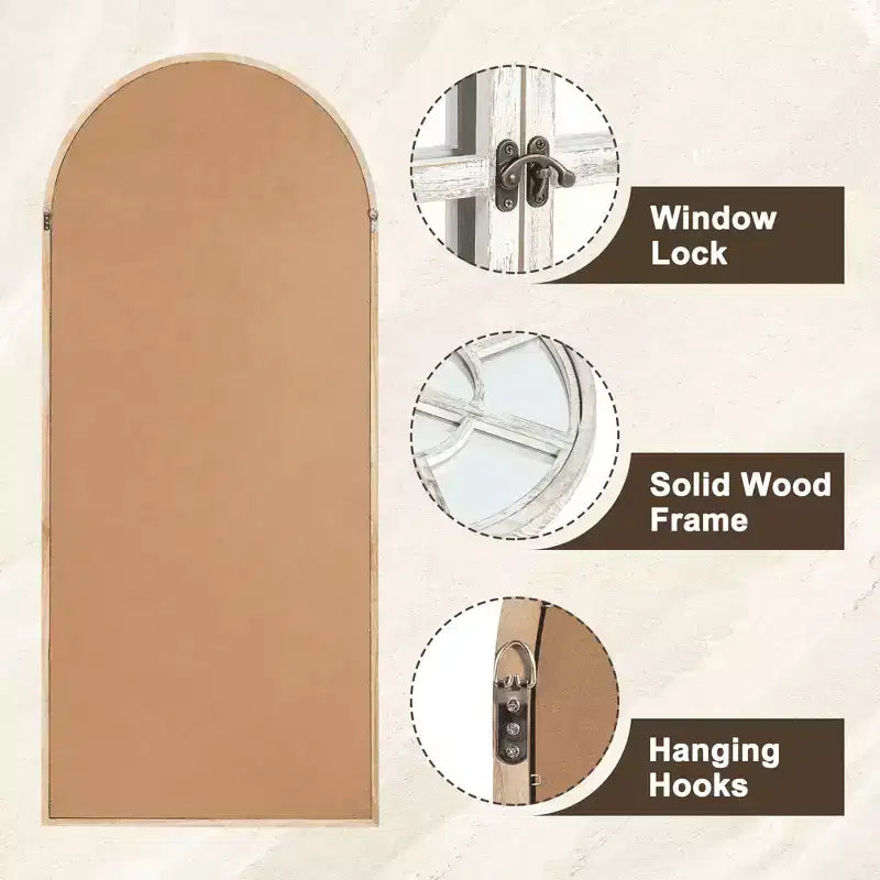 Full-Length Mirror Solid Wood Grid Right Angle Arch 71x31x1in Openable No Stand