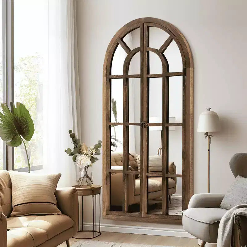 Full-Length Mirror Solid Wood Grid Right Angle Arch 71x31x1in Openable No Stand