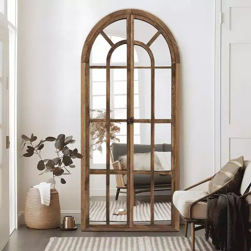 Full-Length Mirror Solid Wood Grid Right Angle Arch 71x31x1in Openable No Stand