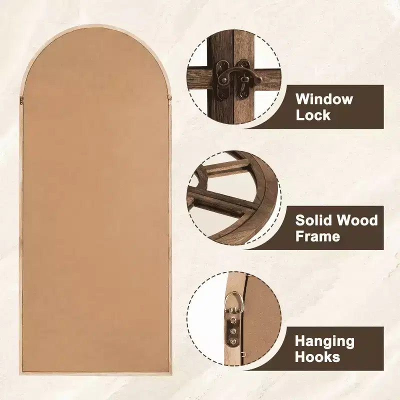 Full-Length Mirror Solid Wood Grid Right Angle Arch 71x31x1in Openable No Stand