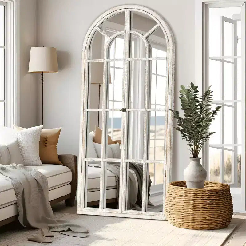 Full-Length Mirror Solid Wood Grid Right Angle Arch 71x31x1in Openable No Stand