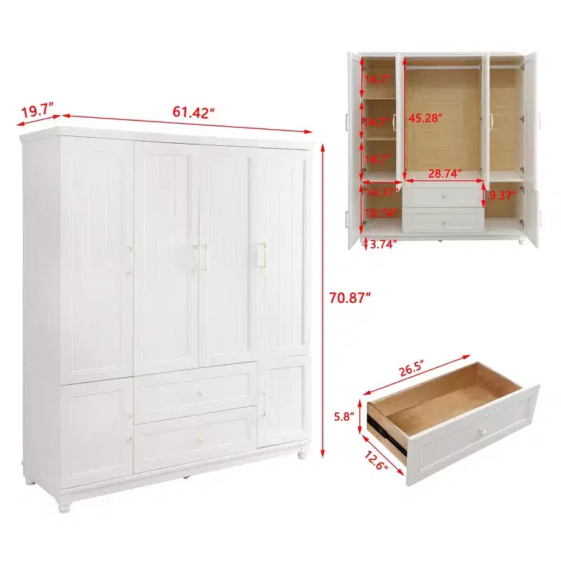 Seusar White Wood 61.42 in. Armoire with 2 Drawers, Hanging Rod and Shelves