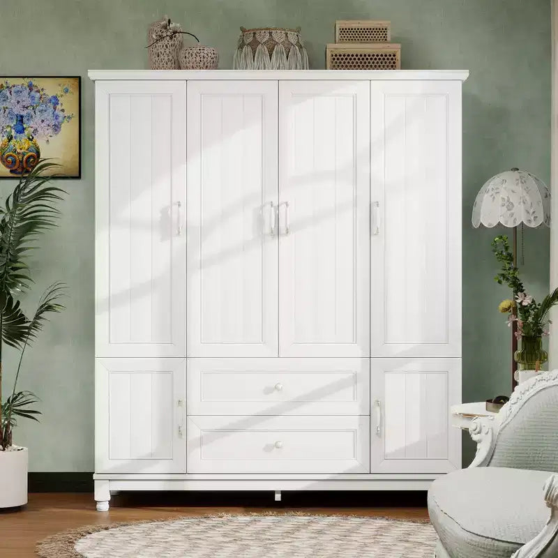 Seusar White Wood 61.42 in. Armoire with 2 Drawers, Hanging Rod and Shelves