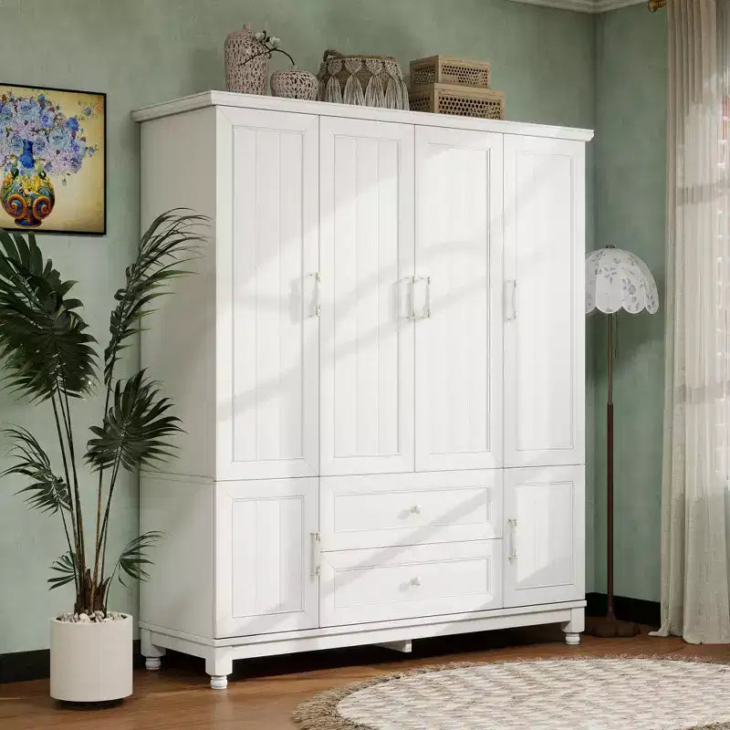 Seusar White Wood 61.42 in. Armoire with 2 Drawers, Hanging Rod and Shelves