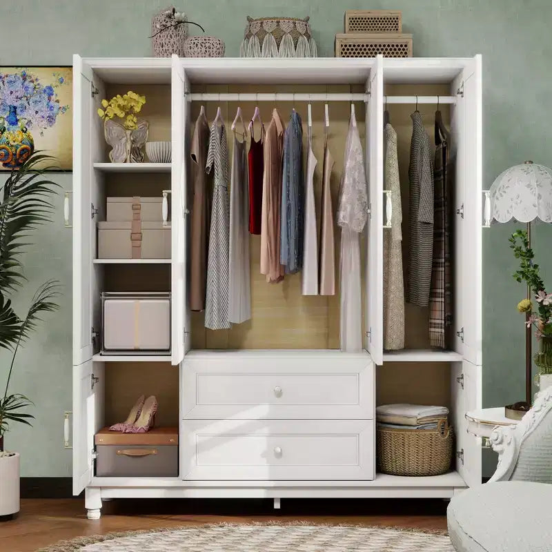 Seusar White Wood 61.42 in. Armoire with 2 Drawers, Hanging Rod and Shelves