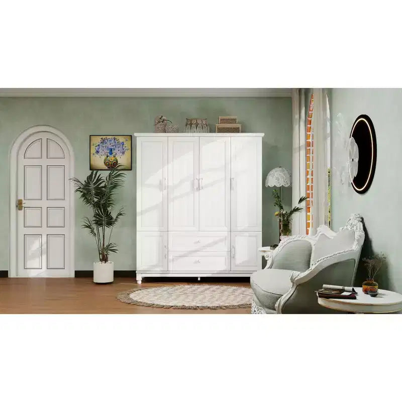 Seusar White Wood 61.42 in. Armoire with 2 Drawers, Hanging Rod and Shelves