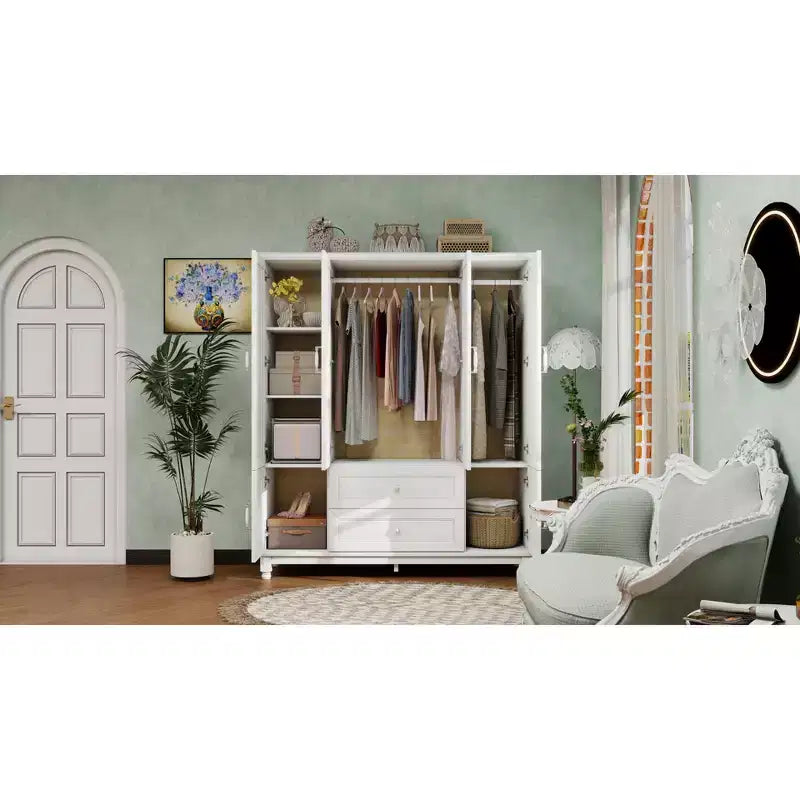 Seusar White Wood 61.42 in. Armoire with 2 Drawers, Hanging Rod and Shelves