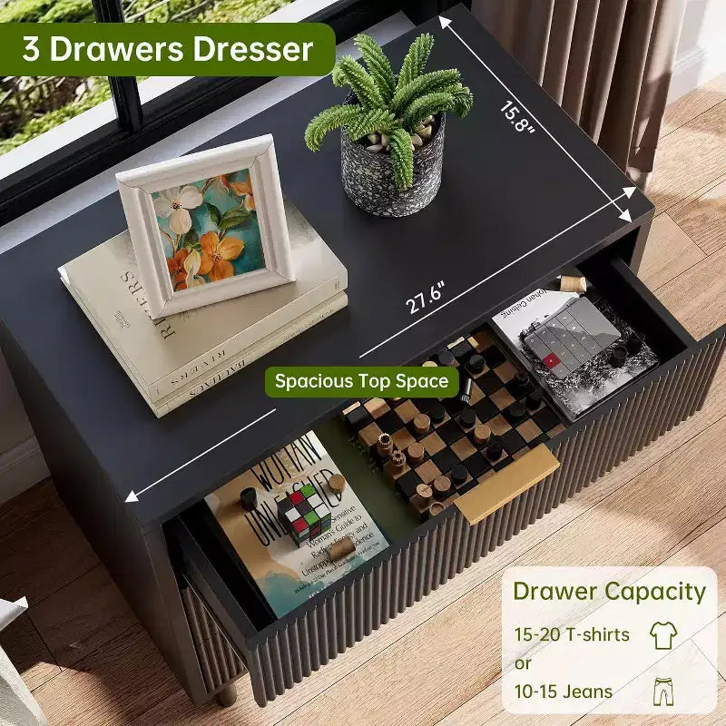 Fluted 3 Drawer Dresser,Wood Chest of Drawers with Storage Modern Wide Nightstand Bedside with Metal Legs & Handles for Bedroom Living Room Hallway