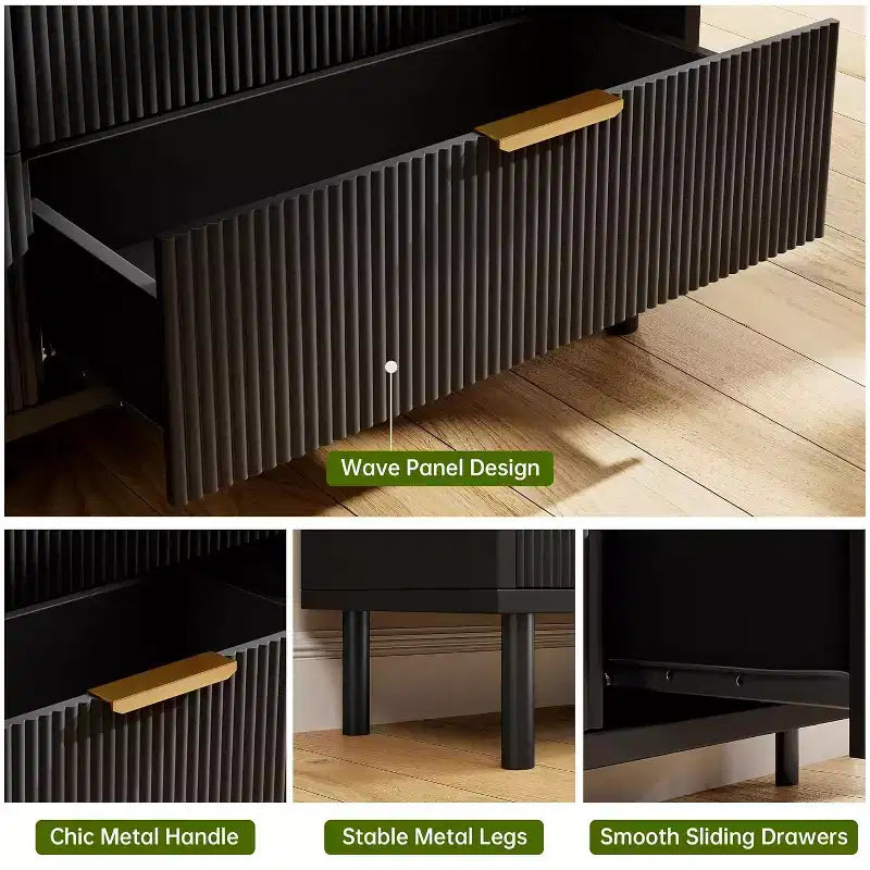 Fluted 3 Drawer Dresser,Wood Chest of Drawers with Storage Modern Wide Nightstand Bedside with Metal Legs & Handles for Bedroom Living Room Hallway