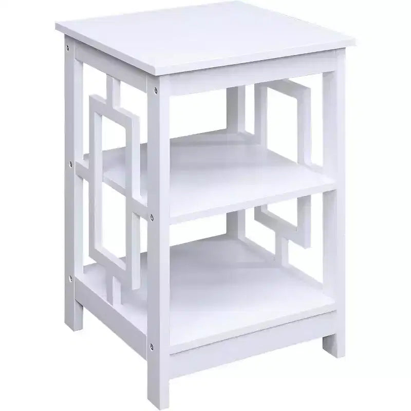 Square End Table with Large Surface and Two Open Shelves, Symmetrical Frame Design, MDF Accent Side Table