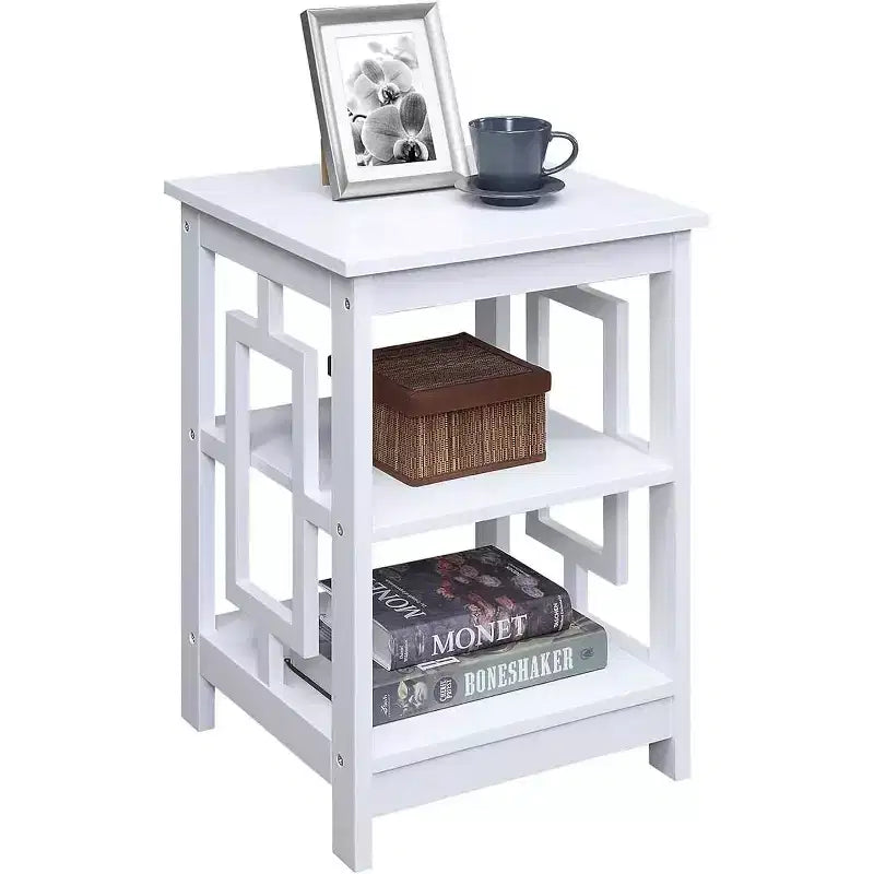 Square End Table with Large Surface and Two Open Shelves, Symmetrical Frame Design, MDF Accent Side Table