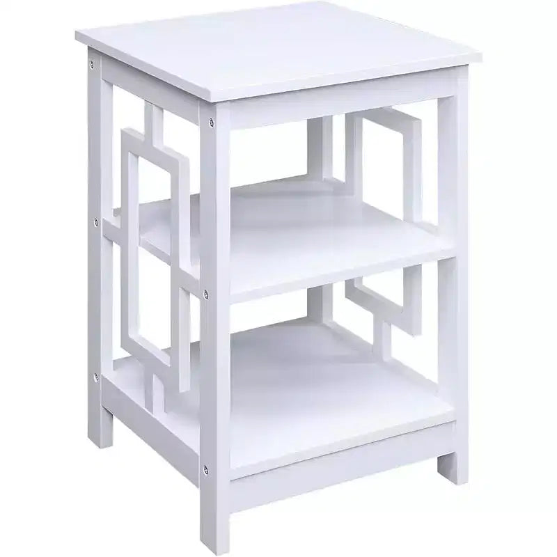 Square End Table with Large Surface and Two Open Shelves, Symmetrical Frame Design, MDF Accent Side Table