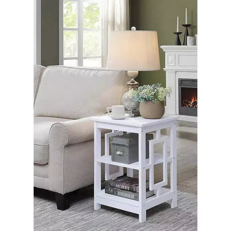 Square End Table with Large Surface and Two Open Shelves, Symmetrical Frame Design, MDF Accent Side Table