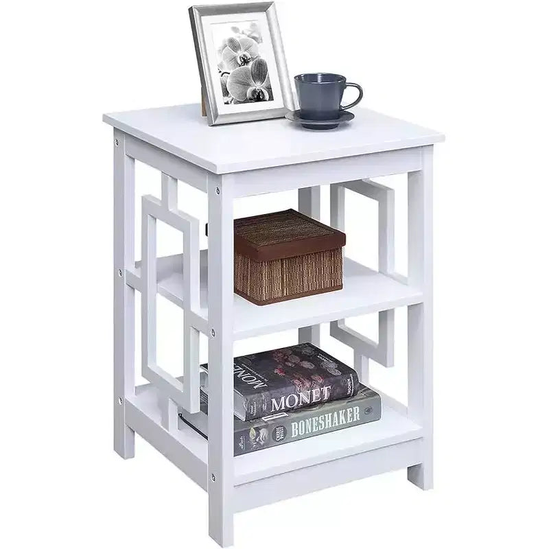 Square End Table with Large Surface and Two Open Shelves, Symmetrical Frame Design, MDF Accent Side Table