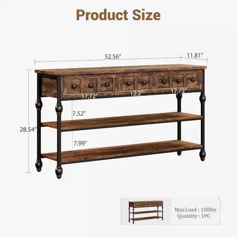 52-Inch Industrial Console Table with 3 Drawers, 3-Tier Entryway and Sofa Table, Metal Frame Behind Couch Table, Hallway Storage Table