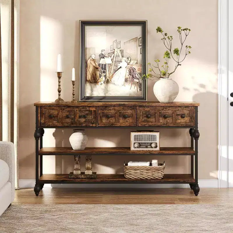 52-Inch Industrial Console Table with 3 Drawers, 3-Tier Entryway and Sofa Table, Metal Frame Behind Couch Table, Hallway Storage Table