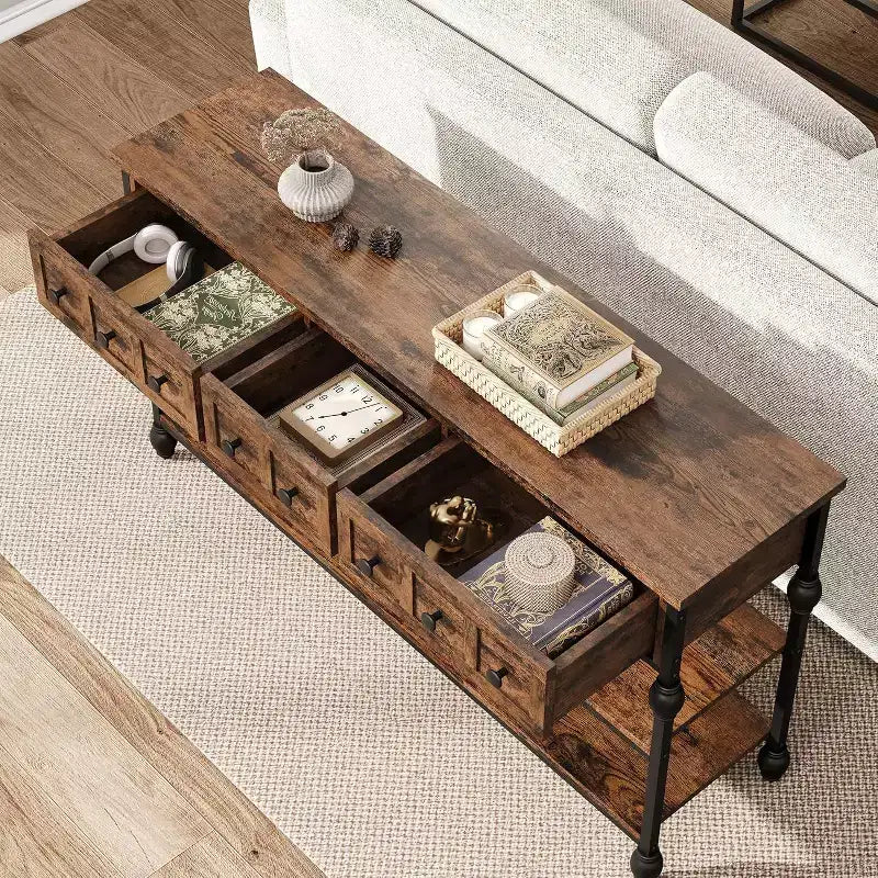 52-Inch Industrial Console Table with 3 Drawers, 3-Tier Entryway and Sofa Table, Metal Frame Behind Couch Table, Hallway Storage Table
