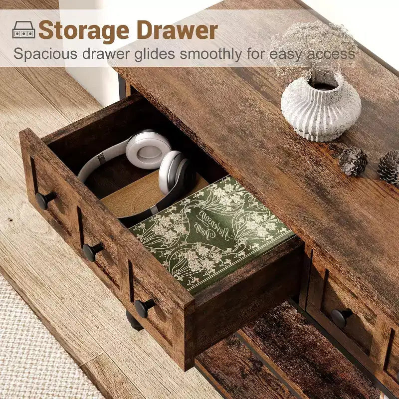 52-Inch Industrial Console Table with 3 Drawers, 3-Tier Entryway and Sofa Table, Metal Frame Behind Couch Table, Hallway Storage Table