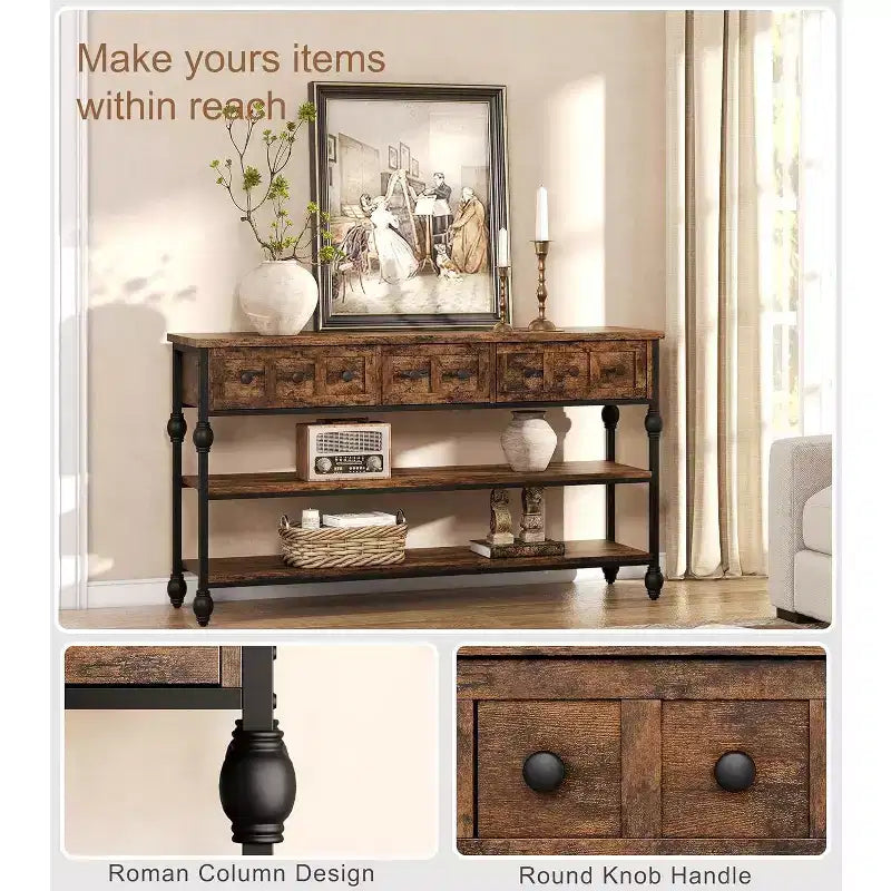 52-Inch Industrial Console Table with 3 Drawers, 3-Tier Entryway and Sofa Table, Metal Frame Behind Couch Table, Hallway Storage Table