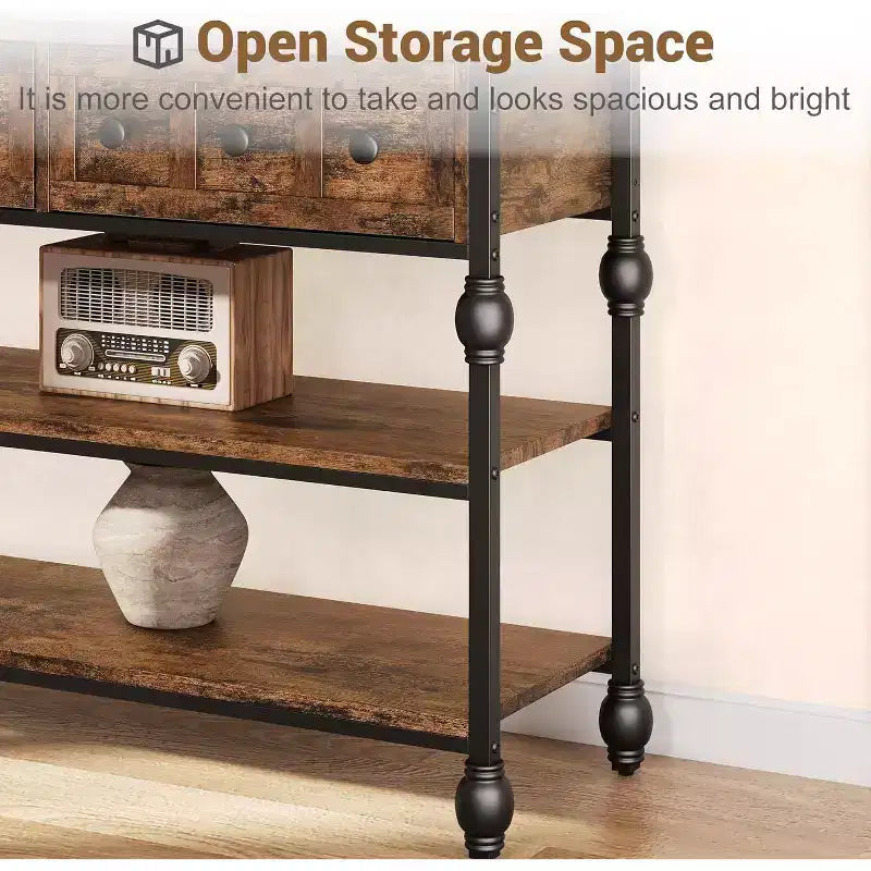 52-Inch Industrial Console Table with 3 Drawers, 3-Tier Entryway and Sofa Table, Metal Frame Behind Couch Table, Hallway Storage Table