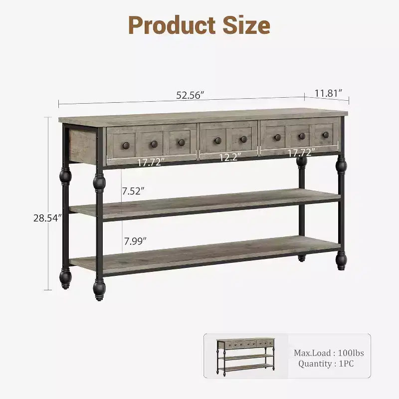 52-Inch Industrial Console Table with 3 Drawers, 3-Tier Entryway and Sofa Table, Metal Frame Behind Couch Table, Hallway Storage Table