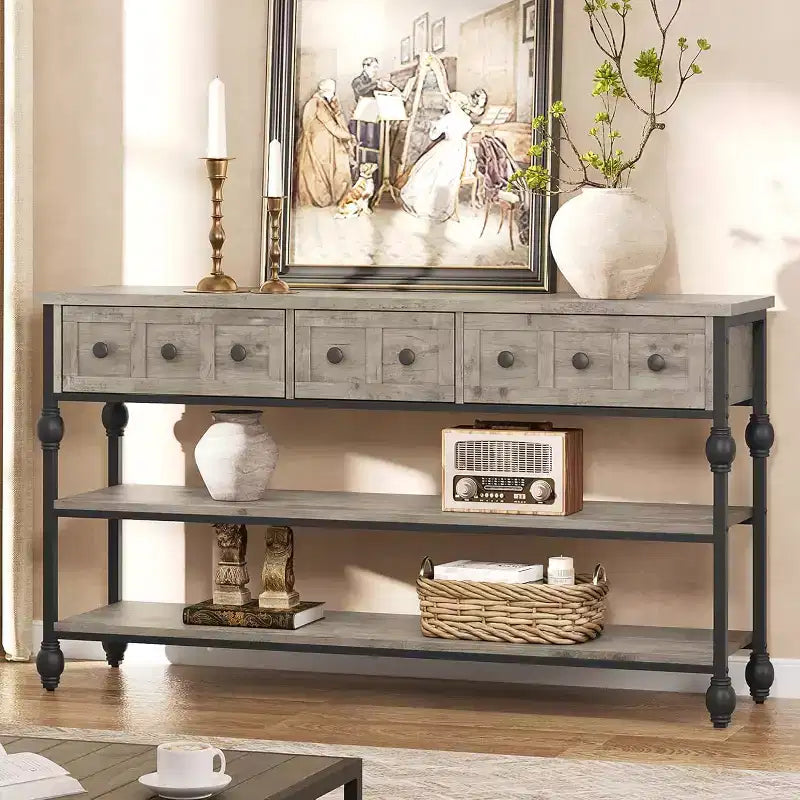 52-Inch Industrial Console Table with 3 Drawers, 3-Tier Entryway and Sofa Table, Metal Frame Behind Couch Table, Hallway Storage Table