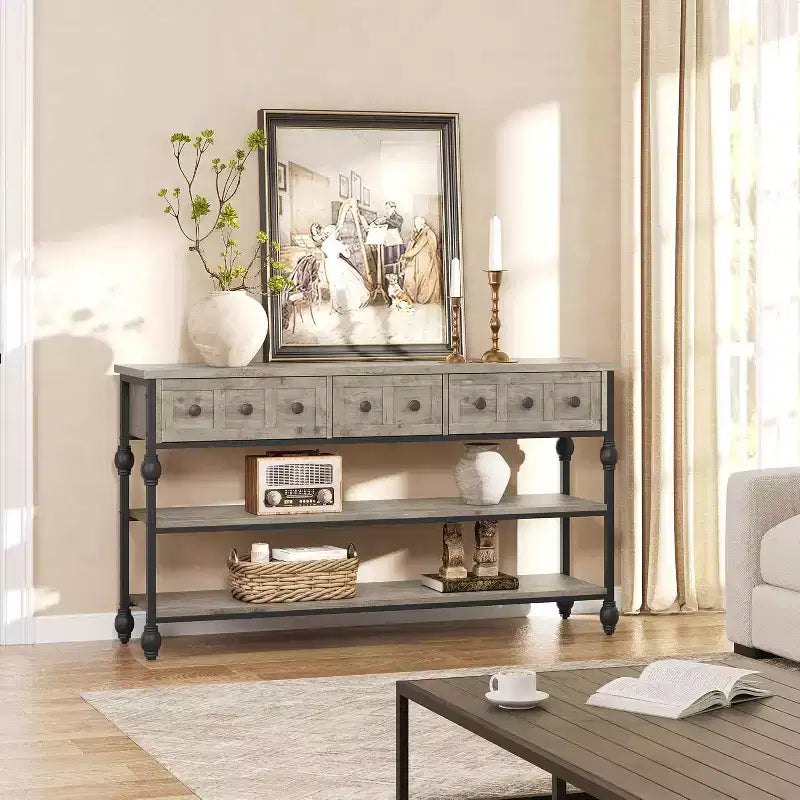 52-Inch Industrial Console Table with 3 Drawers, 3-Tier Entryway and Sofa Table, Metal Frame Behind Couch Table, Hallway Storage Table