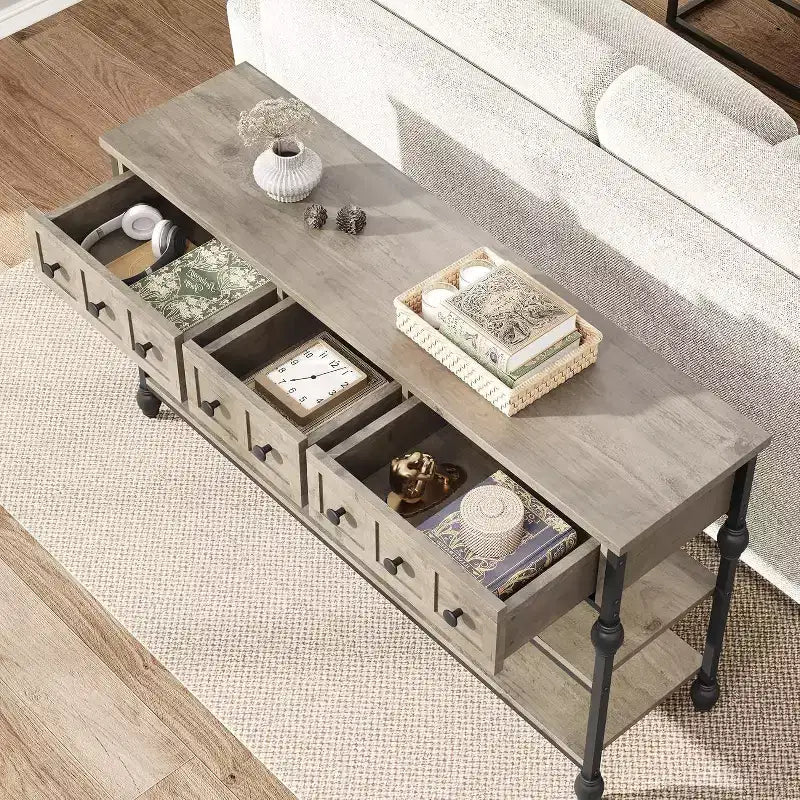 52-Inch Industrial Console Table with 3 Drawers, 3-Tier Entryway and Sofa Table, Metal Frame Behind Couch Table, Hallway Storage Table