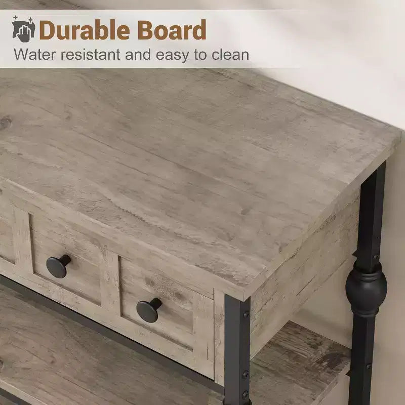 52-Inch Industrial Console Table with 3 Drawers, 3-Tier Entryway and Sofa Table, Metal Frame Behind Couch Table, Hallway Storage Table