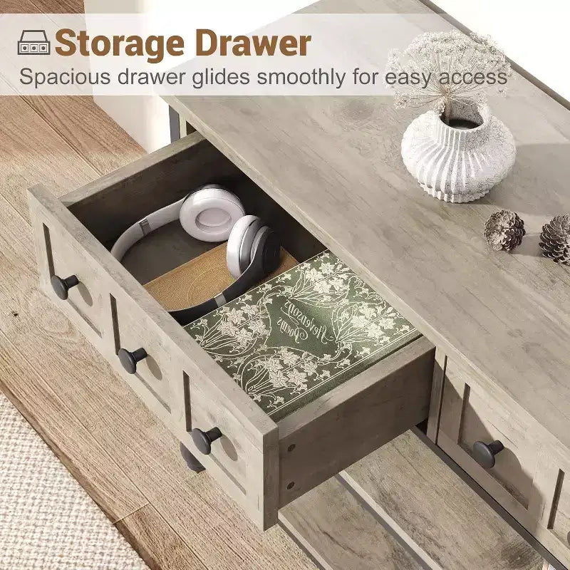 52-Inch Industrial Console Table with 3 Drawers, 3-Tier Entryway and Sofa Table, Metal Frame Behind Couch Table, Hallway Storage Table