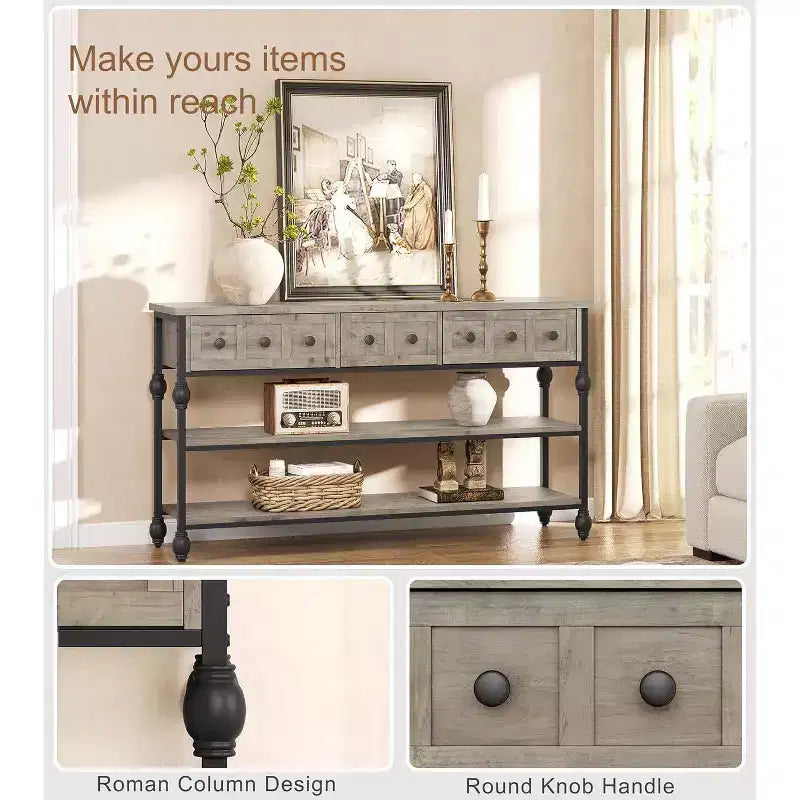 52-Inch Industrial Console Table with 3 Drawers, 3-Tier Entryway and Sofa Table, Metal Frame Behind Couch Table, Hallway Storage Table
