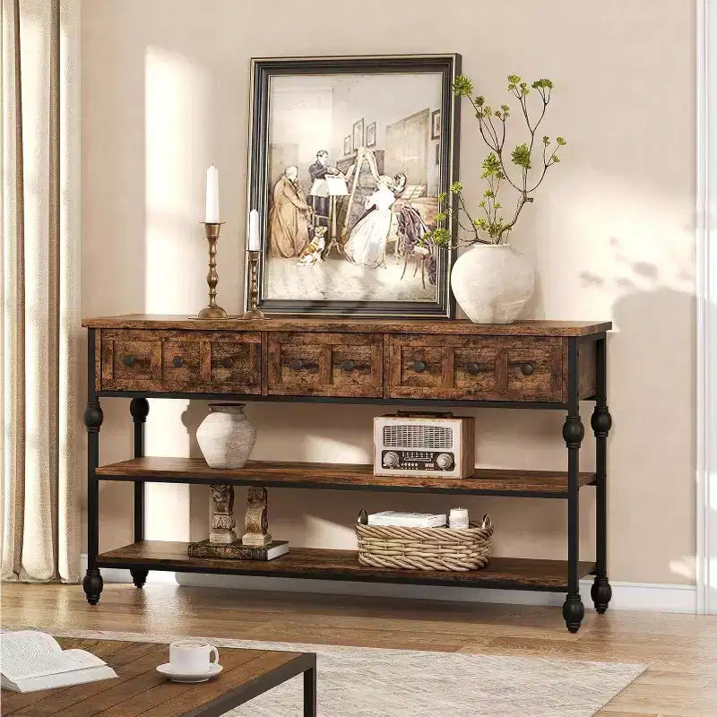 52-Inch Industrial Console Table with 3 Drawers, 3-Tier Entryway and Sofa Table, Metal Frame Behind Couch Table, Hallway Storage Table