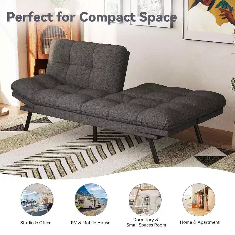 71 Futon Sofa Bed, Cozy Convertible Loveseat Sleeper, Linen Fabric Couch with Adjustable Back & Arms for Living Room, Guest Room - Light Gray