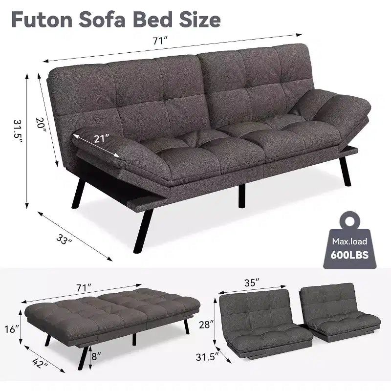 71 Futon Sofa Bed, Cozy Convertible Loveseat Sleeper, Linen Fabric Couch with Adjustable Back & Arms for Living Room, Guest Room - Light Gray