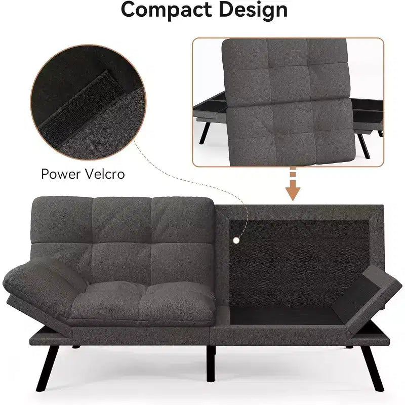 71 Futon Sofa Bed, Cozy Convertible Loveseat Sleeper, Linen Fabric Couch with Adjustable Back & Arms for Living Room, Guest Room - Light Gray