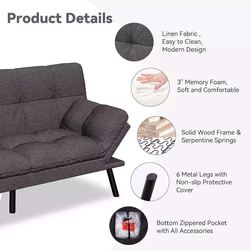71 Futon Sofa Bed, Cozy Convertible Loveseat Sleeper, Linen Fabric Couch with Adjustable Back & Arms for Living Room, Guest Room - Light Gray