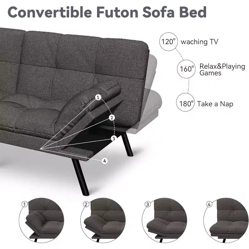 71 Futon Sofa Bed, Cozy Convertible Loveseat Sleeper, Linen Fabric Couch with Adjustable Back & Arms for Living Room, Guest Room - Light Gray