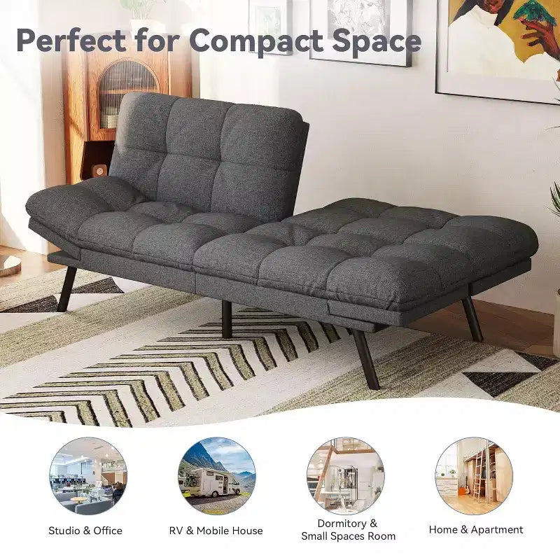 71 Futon Sofa Bed, Cozy Convertible Loveseat Sleeper, Linen Fabric Couch with Adjustable Back & Arms for Living Room, Guest Room - Light Gray
