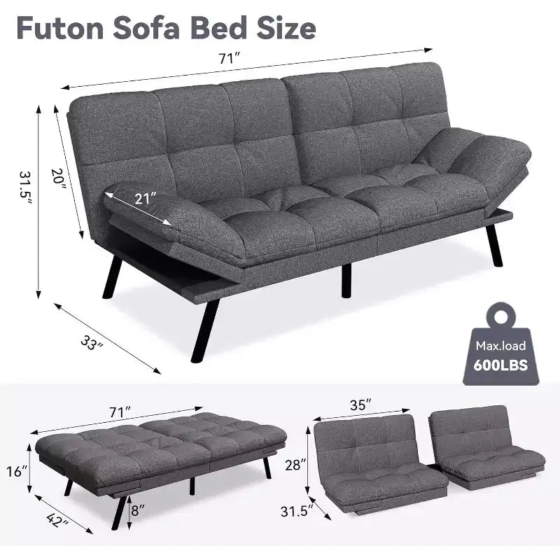 71 Futon Sofa Bed, Cozy Convertible Loveseat Sleeper, Linen Fabric Couch with Adjustable Back & Arms for Living Room, Guest Room - Light Gray