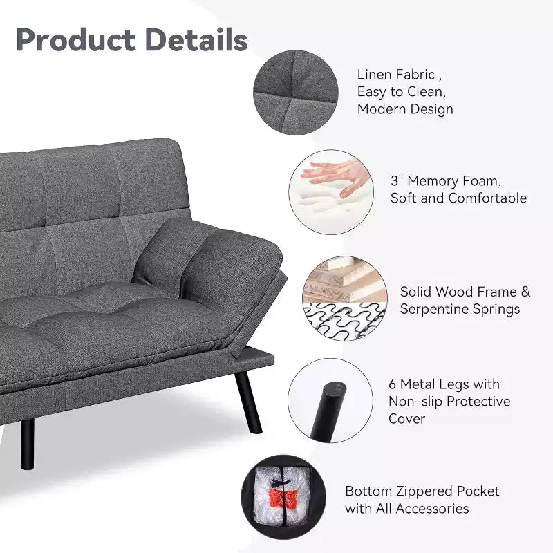 71 Futon Sofa Bed, Cozy Convertible Loveseat Sleeper, Linen Fabric Couch with Adjustable Back & Arms for Living Room, Guest Room - Light Gray