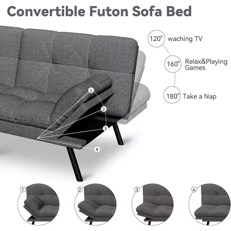 71 Futon Sofa Bed, Cozy Convertible Loveseat Sleeper, Linen Fabric Couch with Adjustable Back & Arms for Living Room, Guest Room - Light Gray