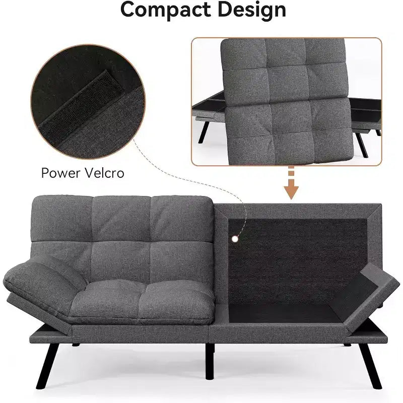 71 Futon Sofa Bed, Cozy Convertible Loveseat Sleeper, Linen Fabric Couch with Adjustable Back & Arms for Living Room, Guest Room - Light Gray