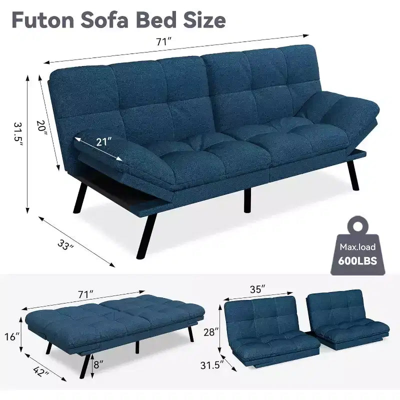 71 Futon Sofa Bed, Cozy Convertible Loveseat Sleeper, Linen Fabric Couch with Adjustable Back & Arms for Living Room, Guest Room - Light Gray