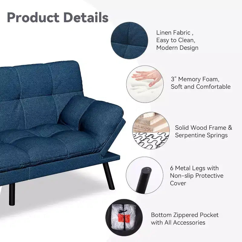 71 Futon Sofa Bed, Cozy Convertible Loveseat Sleeper, Linen Fabric Couch with Adjustable Back & Arms for Living Room, Guest Room - Light Gray