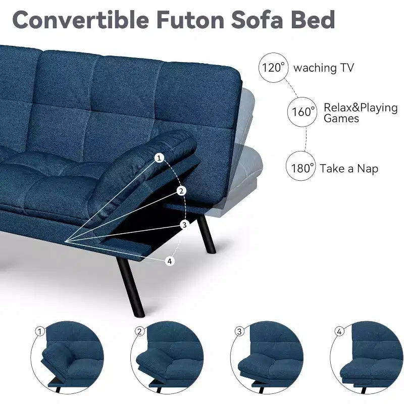 71 Futon Sofa Bed, Cozy Convertible Loveseat Sleeper, Linen Fabric Couch with Adjustable Back & Arms for Living Room, Guest Room - Light Gray